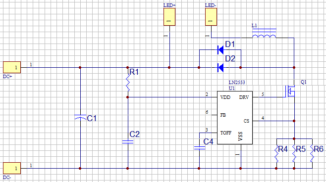  LN2553  LED車燈（12V-80V）典型應用線路圖: